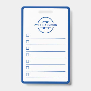 Modern Blue Monogram Name Whiteboard To Do List ID Badge