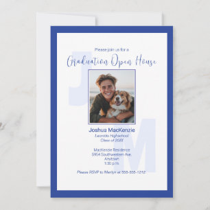 Modern Blue Monogram Photo Graduation Invitation