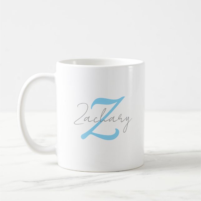 Modern Blue Monogram & Script Name Personalised  Coffee Mug (Left)