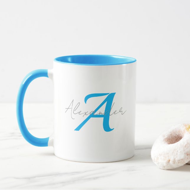 Modern Blue Monogram & Script Name Personalised  Mug (With Donut)