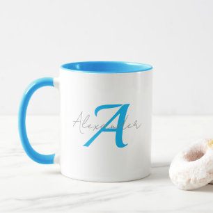 Modern Blue Monogram & Script Name Personalized  Mug
