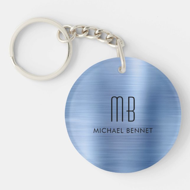 Modern Blue Monogrammed Key Ring (Front)