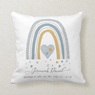 Modern Blue Muted Rainbow Baby Boy Birth Stats Cushion