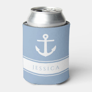 Modern Blue Nautical Anchor Custom Name Can Cooler