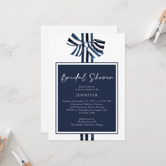 Modern Blue Nautical Stripe Ribbon Bridal Shower Invitation (Front/Back In Situ)