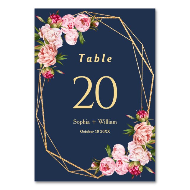 Modern Blue Navy Geometric Blush Pink Wedding Table Number (Front)