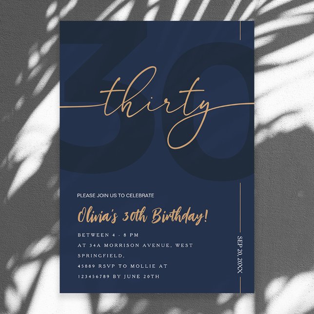Modern Blue Navy & Gold 30th Birthday Invitation (Creator Uploaded)