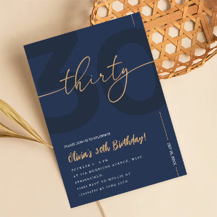 Modern Blue Navy & Gold 30th Birthday Invitation