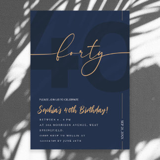 Modern Blue Navy & Gold 40th Birthday Invitation