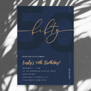 Modern Blue Navy & Gold 50th Birthday Invitation