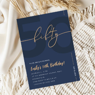 Modern Blue Navy & Gold 50th Birthday Invitation