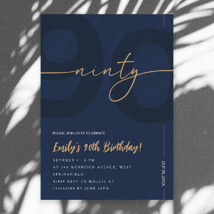 Modern Blue Navy & Gold 90th Birthday Invitation