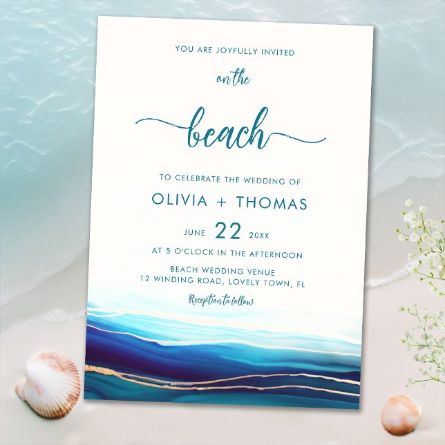 Modern Blue Navy Gold Ocean On the Beach Wedding Invitation (Creator Uploaded)
