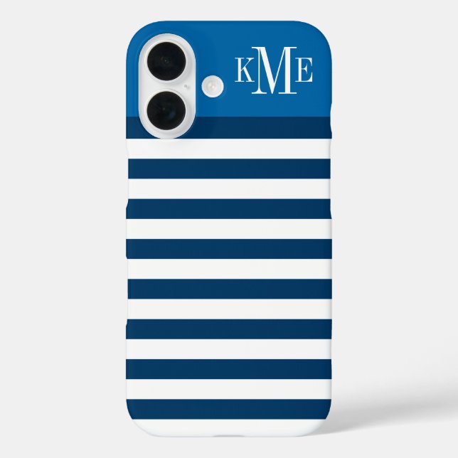 Modern Blue Navy Stripes Custom Monogram Case-Mate iPhone Case (Back)