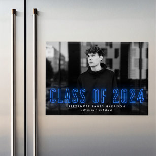 Modern Blue Neon Class of 2024 Photo Graduation Magnetic Invitation