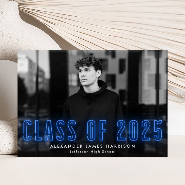 Modern Blue Neon Class of 2025 Photo Graduation Announcement (Creator Uploaded)
