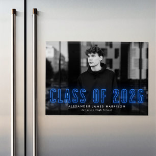 Modern Blue Neon Class of 2025 Photo Graduation Magnetic Invitation