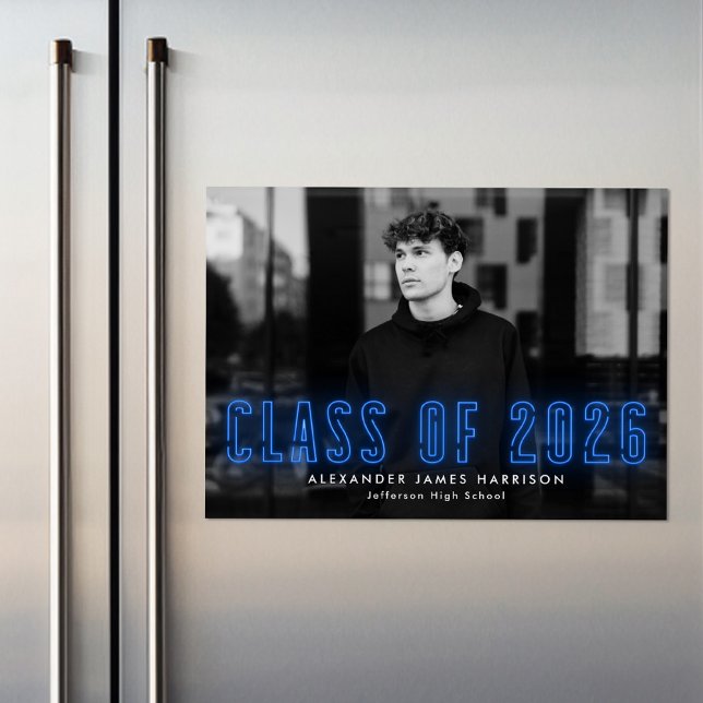 Modern Blue Neon Class of 2025 Photo Graduation Magnetic Invitation (Creator Uploaded)