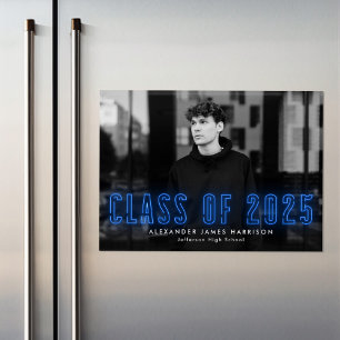 Modern Blue Neon Class of 2025 Photo Graduation Magnetic Invitation