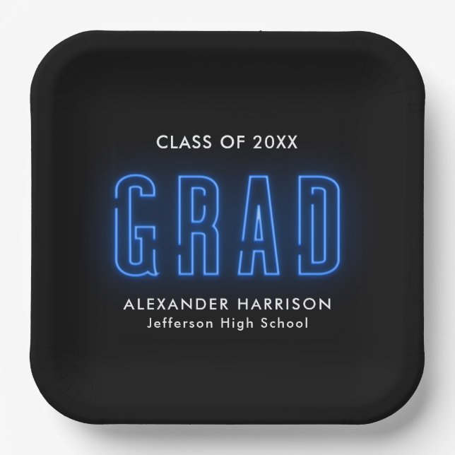 Modern Blue Neon Graduation Paper Plate (Front)
