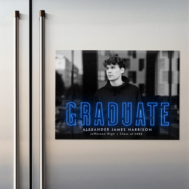 Modern Blue Neon Photo Graduation Announcement (Creator Uploaded)