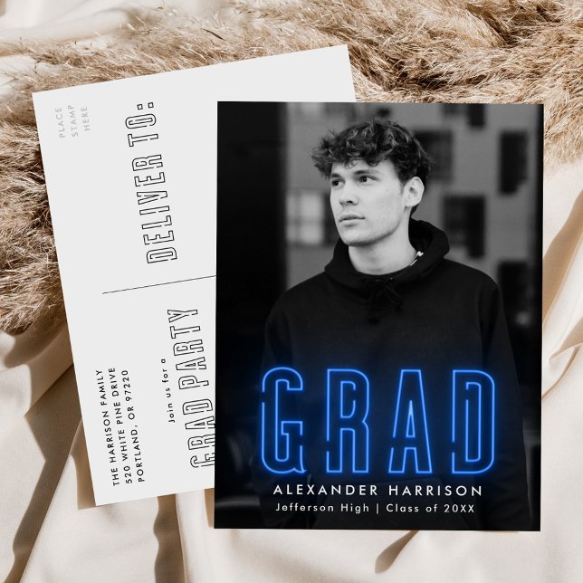 Modern Blue Neon Photo Graduation Party Invitation Postcard (Creator Uploaded)