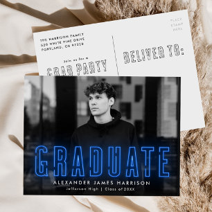 Modern Blue Neon Photo Graduation Party Invitation Postcard