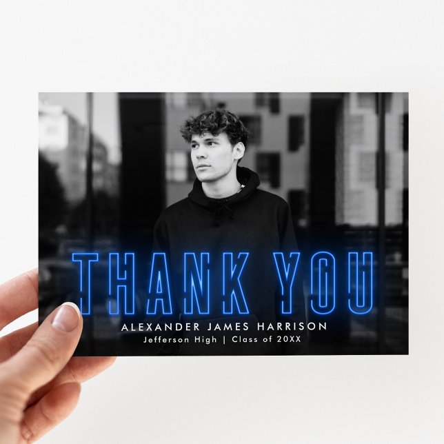 Modern Blue Neon Photo Graduation Thank You Card (Creator Uploaded)