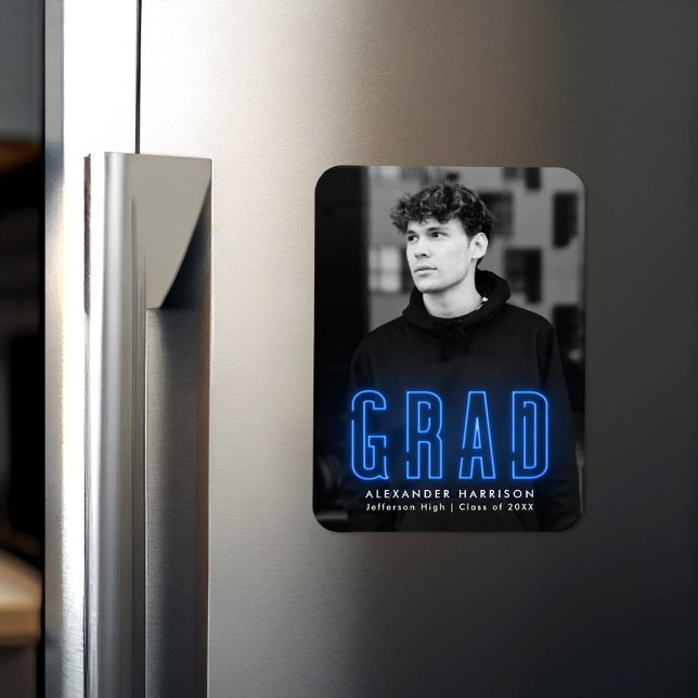 Modern Blue Neon Vertical Photo Graduation Magnet (Creator Uploaded)