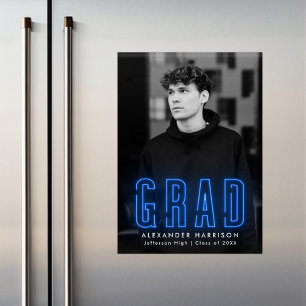 Modern Blue Neon Vertical Photo Graduation Magnetic Invitation