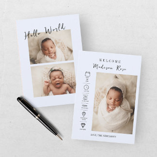 Modern Blue Newborn 3 Photo Birth Stats Announcement