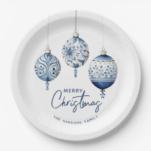 Modern Blue Nordic Style Ornaments Merry Christmas Paper Plate