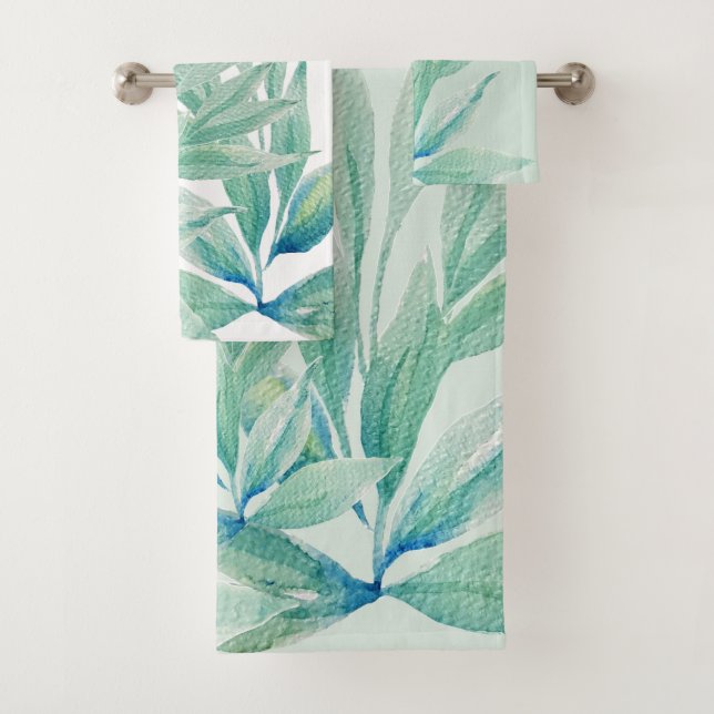 Modern Blue Ocean Abstract Plants Watercolor Bath Towel Set (Insitu)