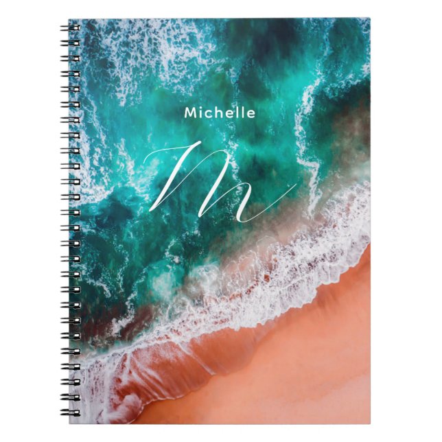 Modern Blue ocean beach Monogram Notebook (Front)