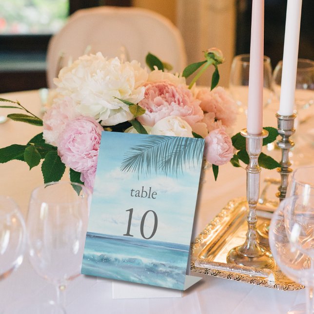 Modern Blue Ocean Beach Wedding Table Number Pedestal Sign (Creator Uploaded)