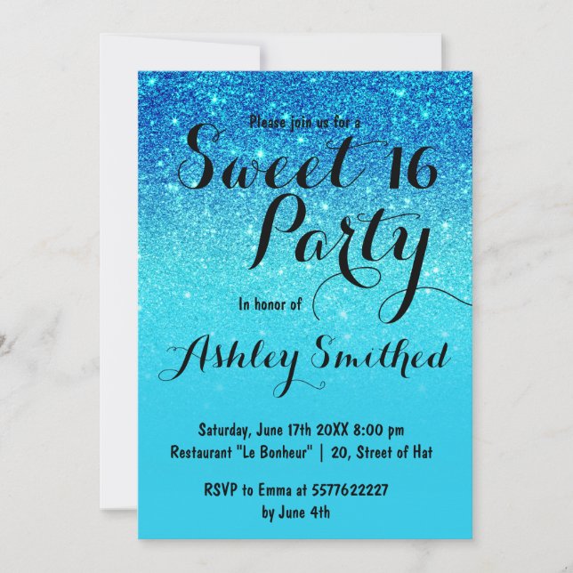 Modern Blue ocean teal glitter ombre Sweet 16 Invitation (Front)