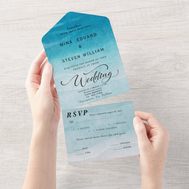 Modern blue ocean Watercolor  All In One Invitation (Tearaway)