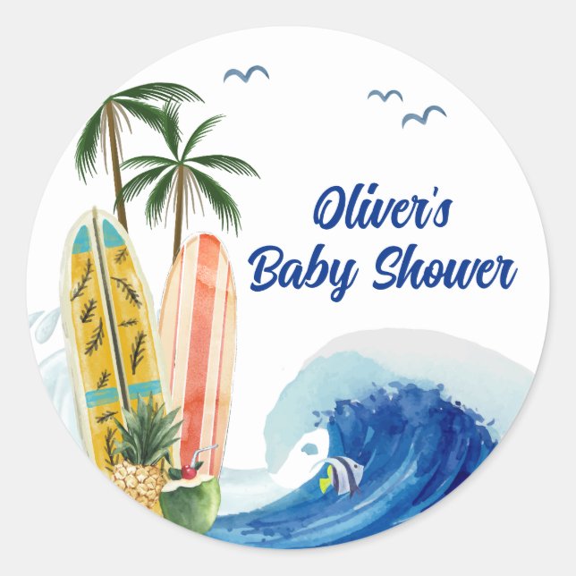 Modern Blue Ocean Wave Surfboard Baby Shower  Classic Round Sticker (Front)