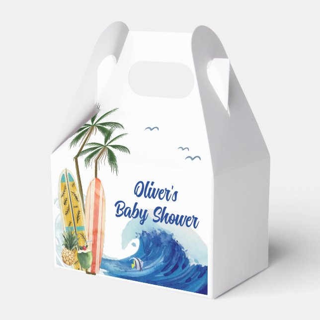 Modern Blue Ocean Wave Surfboard Baby Shower  Favour Box (Front Side)