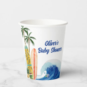 Modern Blue Ocean Wave Surfboard Baby Shower  Paper Cups