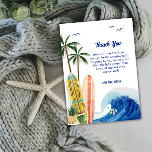 Modern Blue Ocean Wave Surfboard Baby Shower Thank You Card
