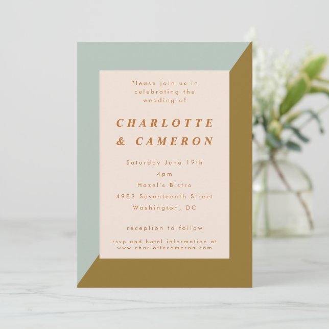 Modern Blue Olive Colour Block All-In-One Wedding  Invitation (Standing Front)