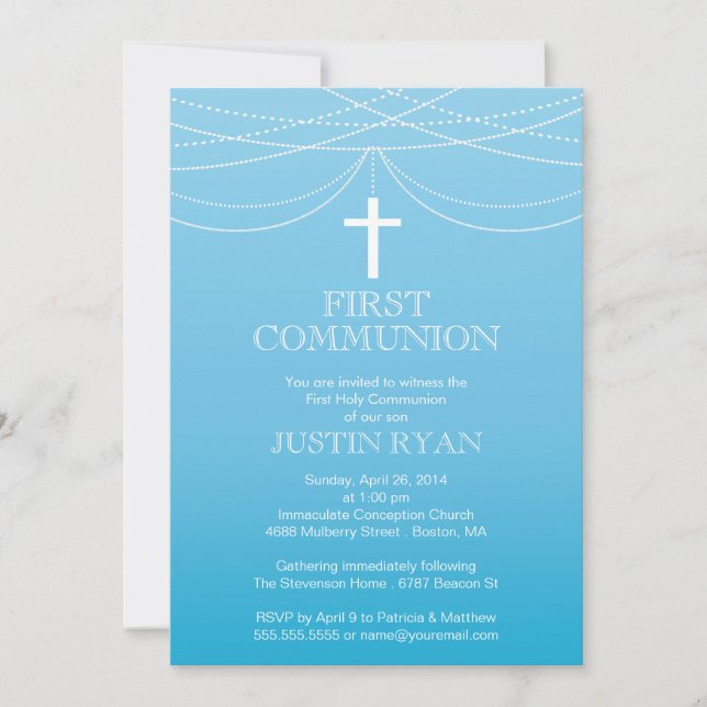 Modern Blue Ombre Garland Cross Boy Communion Invitation (Front)