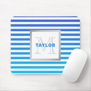 Modern Blue Ombre Stripes With Name Monogram Mouse Pad