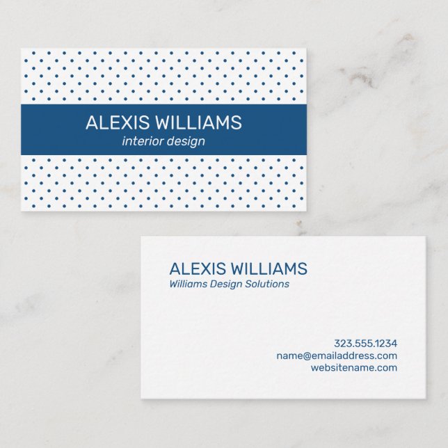 Modern Blue on White Polka Dot Pattern Blue Stripe Business Card (Front/Back)