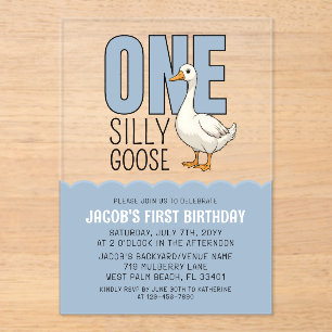 Modern Blue One Silly Goose 1st Birthday Party Acrylic Invitations