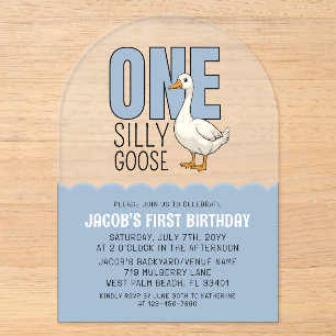 Modern Blue One Silly Goose 1st Birthday Party Acrylic Invitations