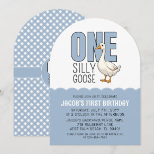 Modern Blue One Silly Goose 1st Birthday Party Invitation
