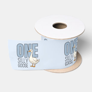 Modern Blue One Silly Goose First Birthday Satin Ribbon