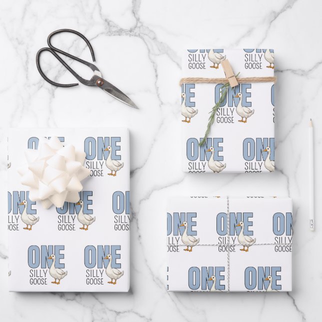 Modern Blue One Silly Goose First Birthday Wrapping Paper Sheet (Front)